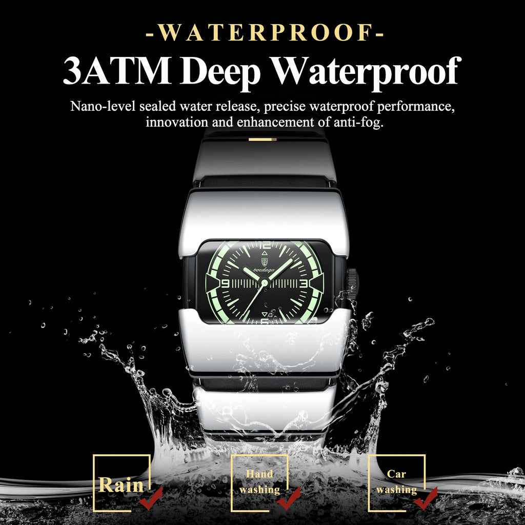 Poedagar 846 Luxury Men Square Quartz Watch Stainless Steel Strap Hardlex Glass 3ATM Waterproof Luminous Wrist Watch Wholesale
