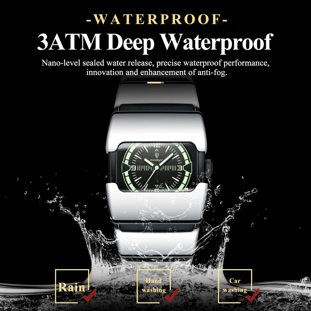 Poedagar 846 Luxury Men Square Quartz Watch Stainless Steel Strap Hardlex Glass 3ATM Waterproof Luminous Wrist Watch Wholesale