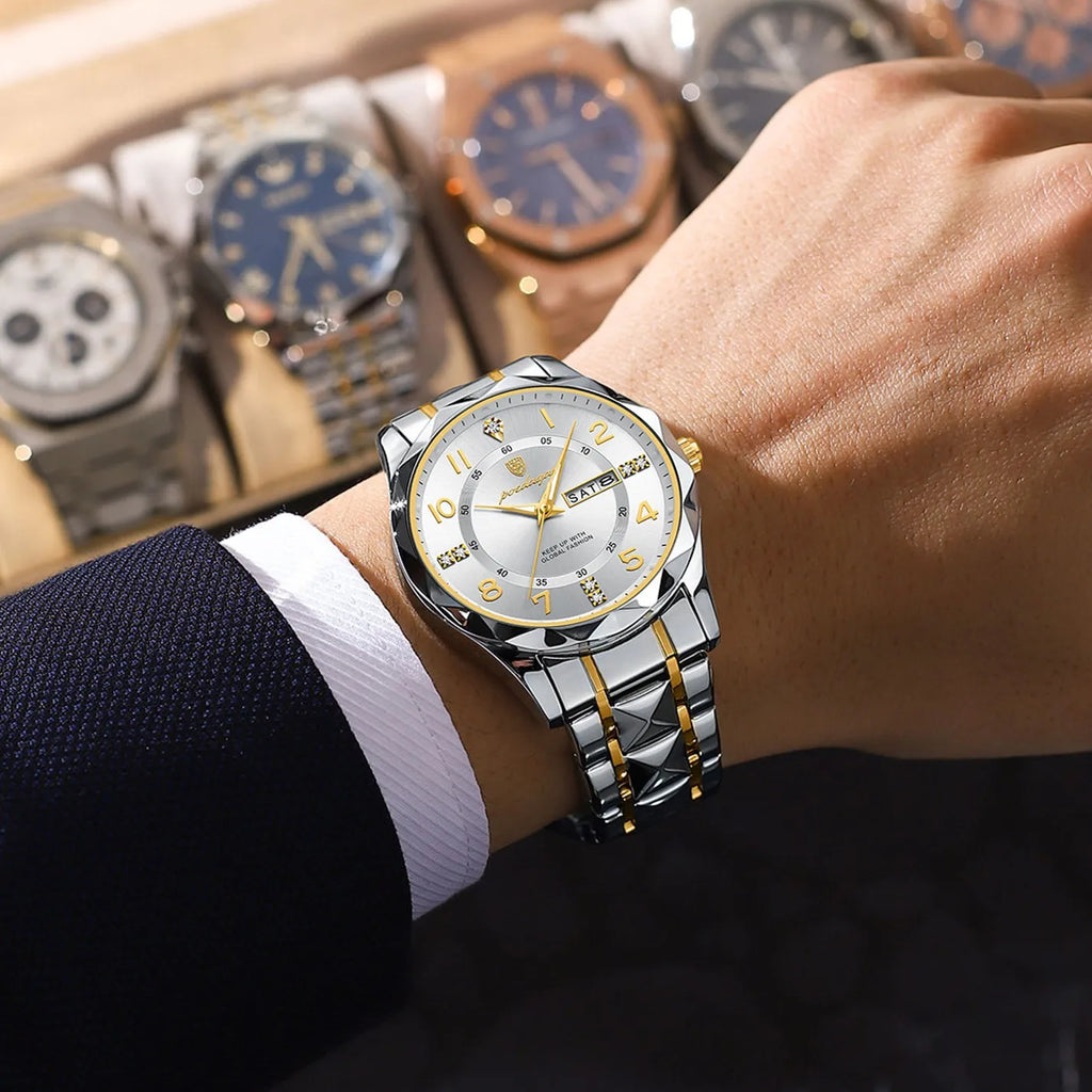 Poedagar 858 Watch for Men Luxury Waterproof Luminous Quartz Watches Date Week Moissanite Reloj Stainless Steel Men Watch