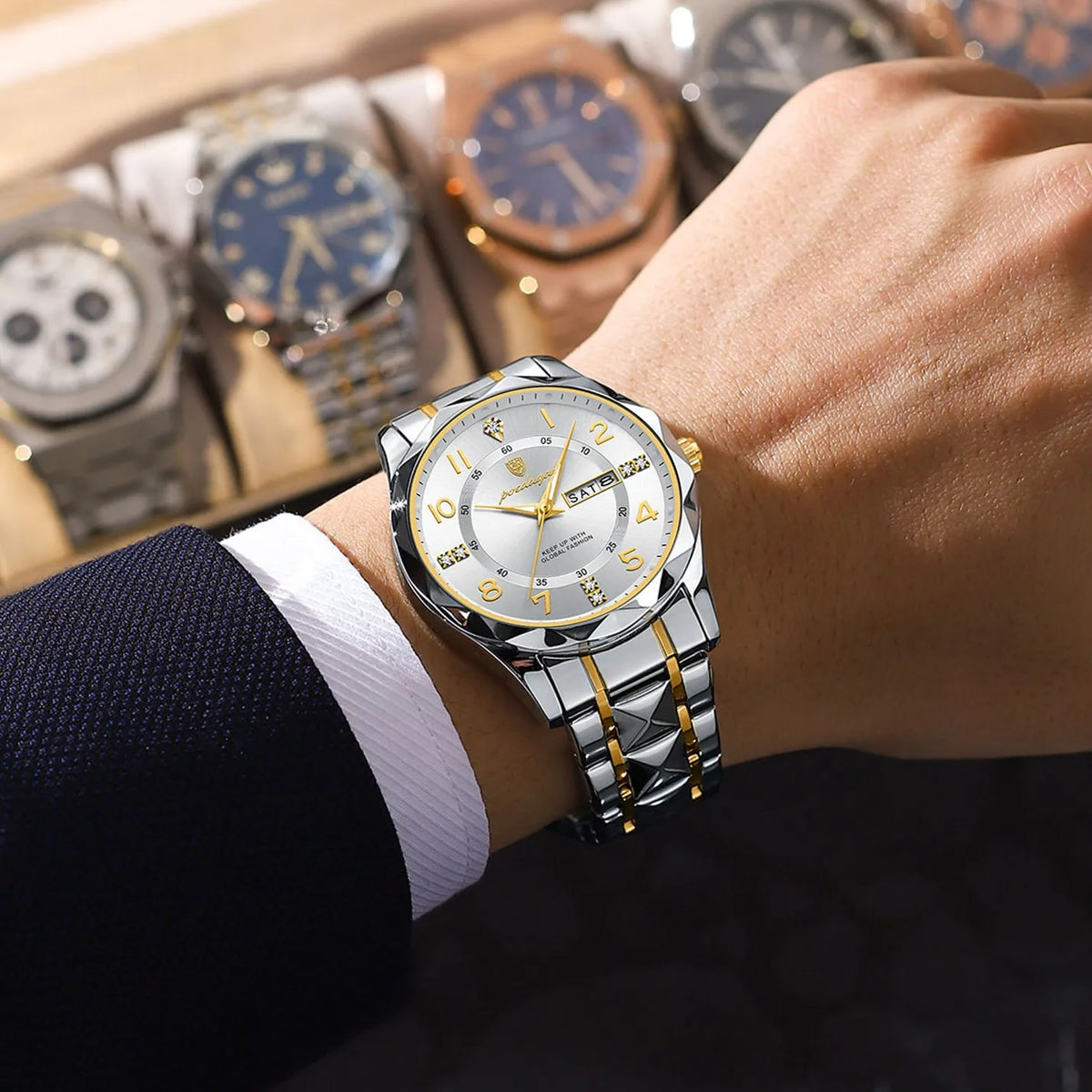 Poedagar 858 Watch for Men Luxury Waterproof Luminous Quartz Watches Date Week Moissanite Reloj Stainless Steel Men Watch