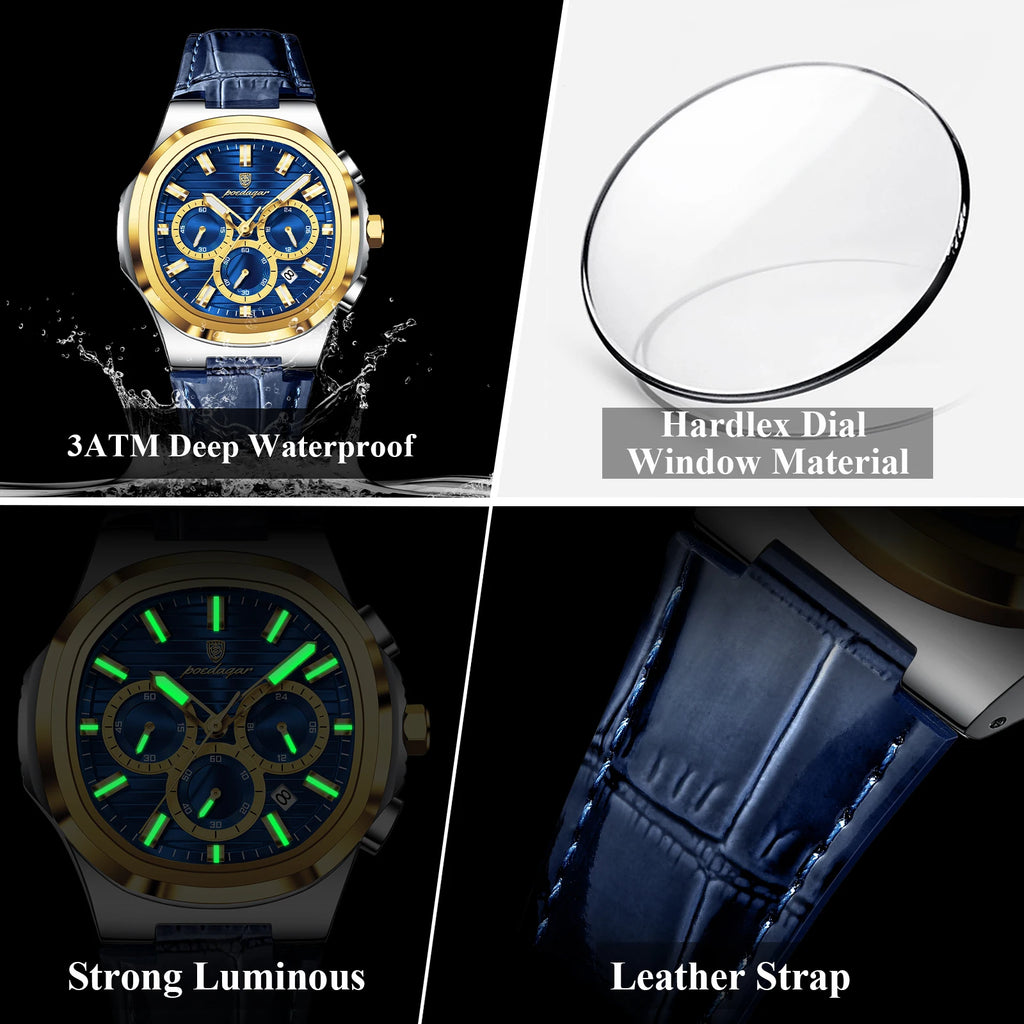 Poedagar 834 Men's Quartz Watch Waterproof Luminous Leather Strap Chronograph Ready to Ship Business Wristwatch Wholesale