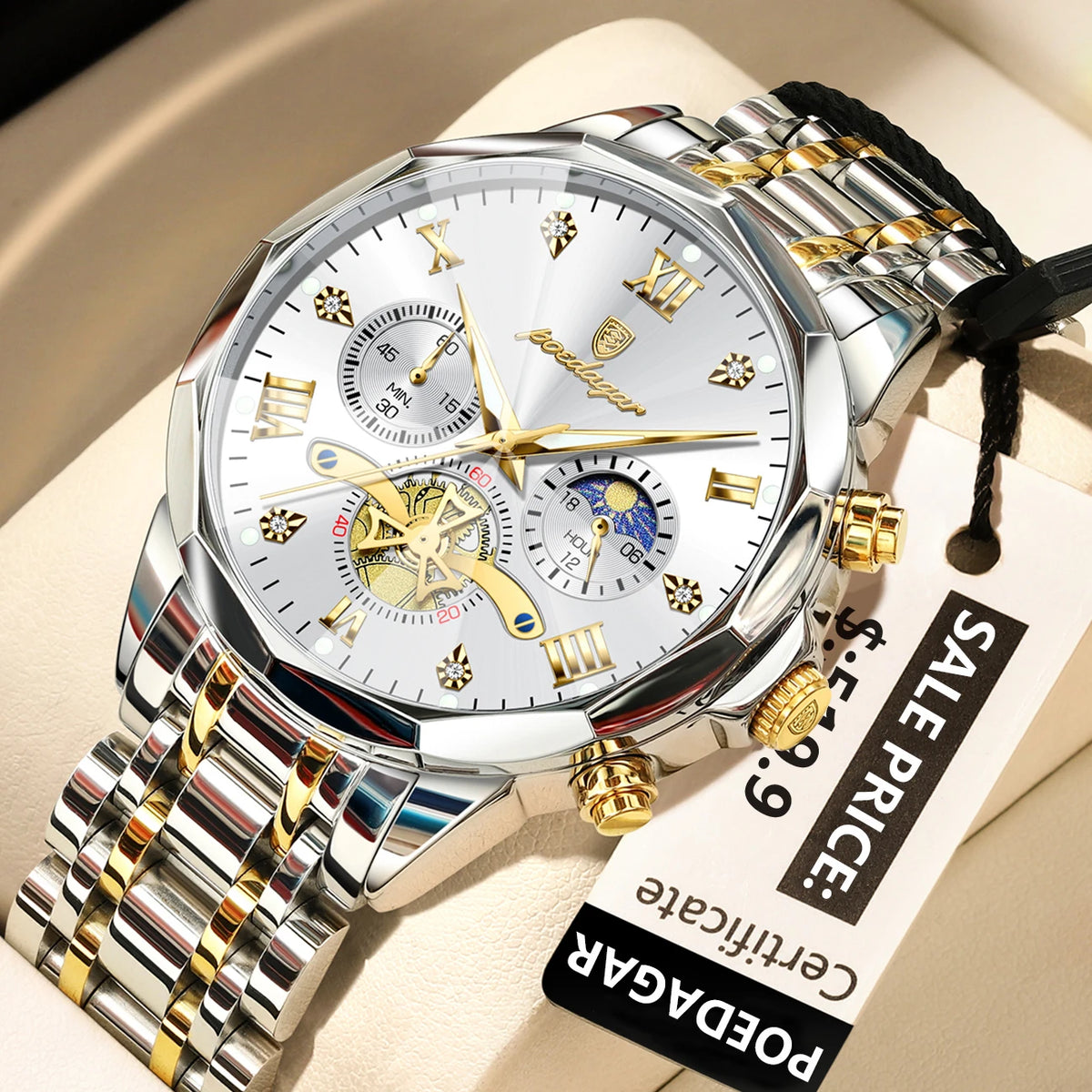 Poedagar 938 Men's Luxury Stainless Steel Chronograph Quartz Watch Waterproof Luminous with 42mm Alloy Dial Watch for Men