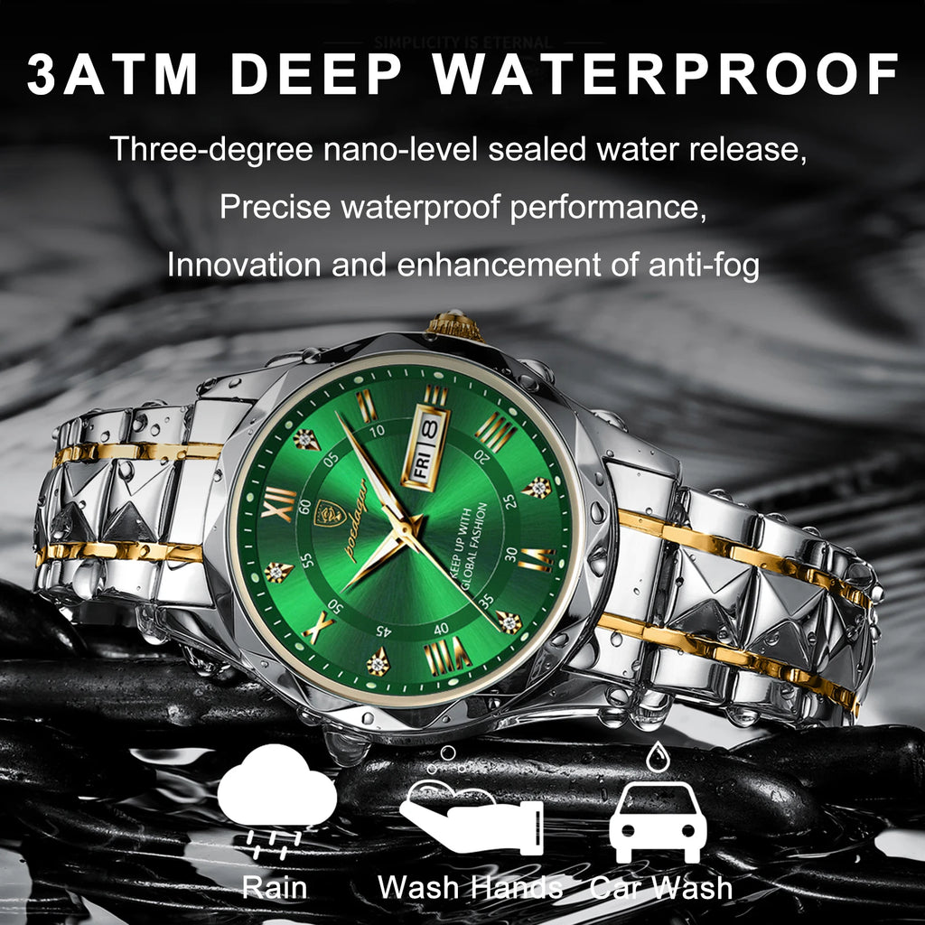 Poedagar 615 Luxury Men's Watches Green Dial Waterproof Luminous Date Week Quartz Watch for Men Stainless Steel Male Reloj