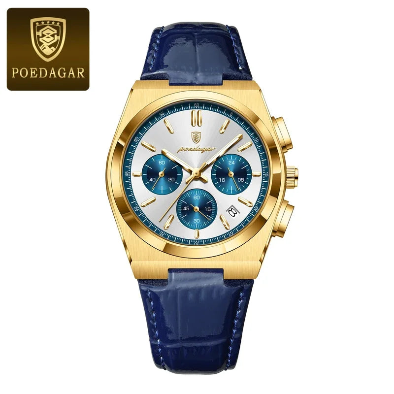 Poedagar 970 Luxury Men's Watches Leather Strap Waterproof Luminous Quartz Watch Montre Homme Casual Chronograph Watch for Men
