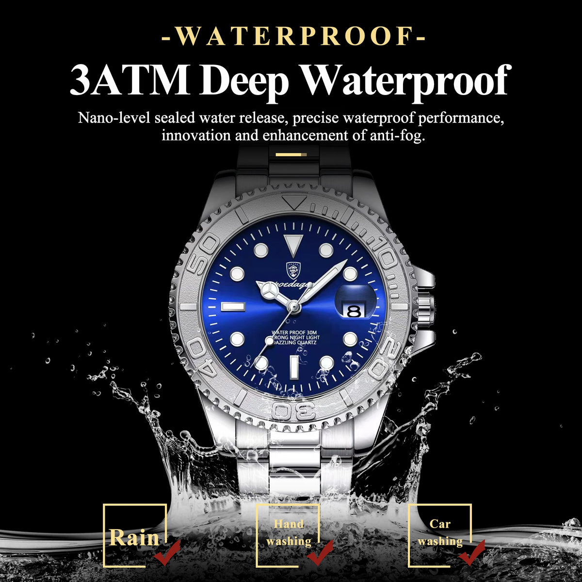 Poedagar 680 Factory Wholesale 43mm Men's Quartz Watch Stainless Steel Blue Dial 30M Waterproof Wrist Watch