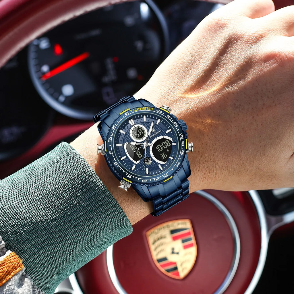 Poedagar E127 Men's Watch Luxury Analog-Digital Watches Dual Display Herrenuhr Luminous Waterproof Stainless Steel Watch for Men