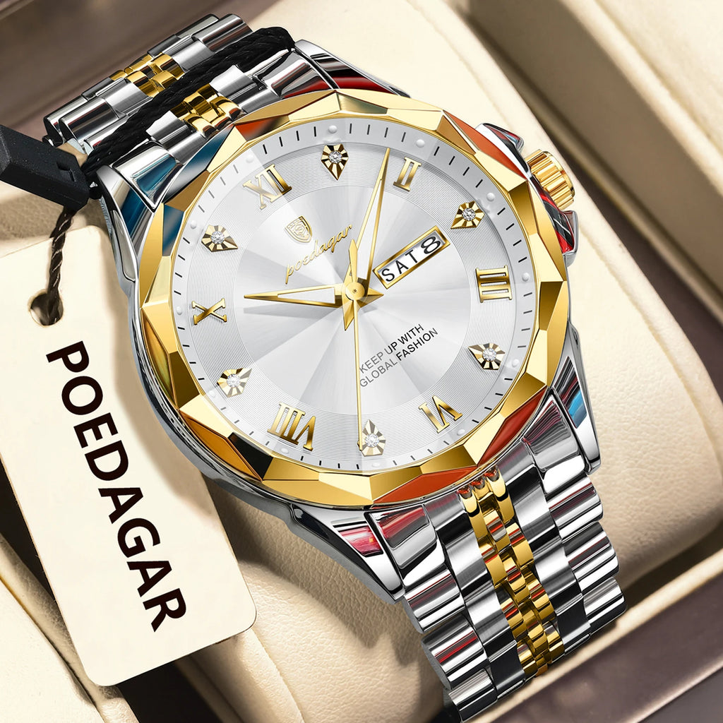 Poedagar 698 Mens Watch Luxury Waterproof Luminous Business Quartz Montre Homme Stainless Steel Calendar Reloj Watch for Men