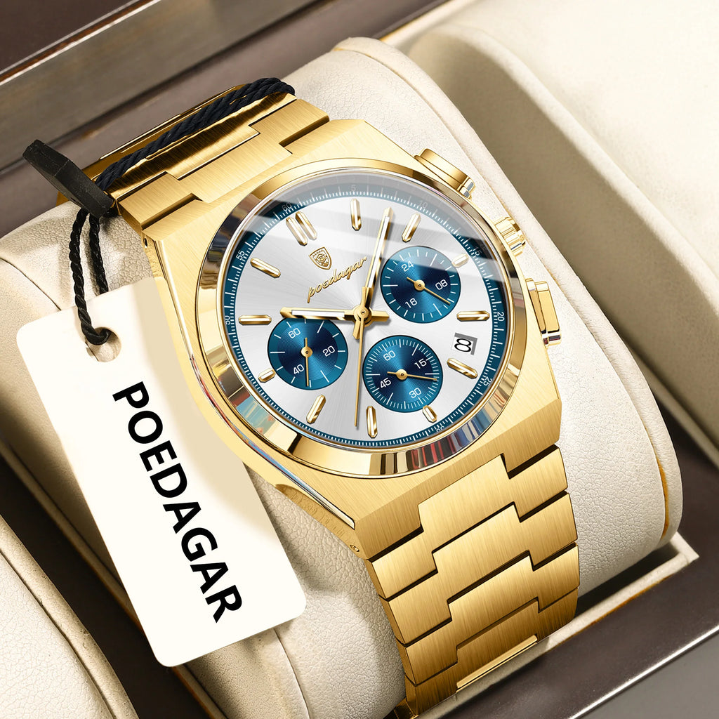 Poedagar 970 Luxury Men Quartz Watch Waterproof Luminous Wristwatch Chronograph Stainless Steel Reloj Montre Homme Watch for Men