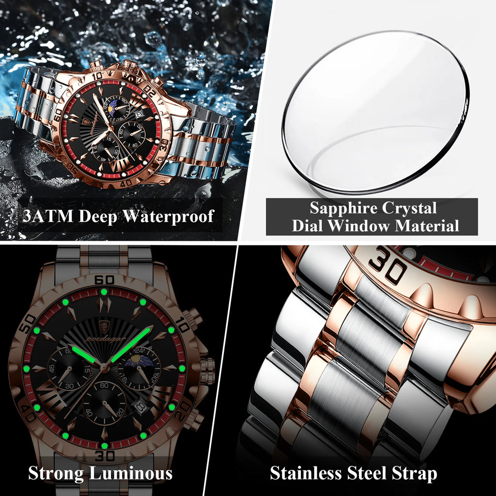Poedagar 968 Men Wristwatch Waterproof Luminous Chronograph Quartz Watches Stainless Steel Watch for Men