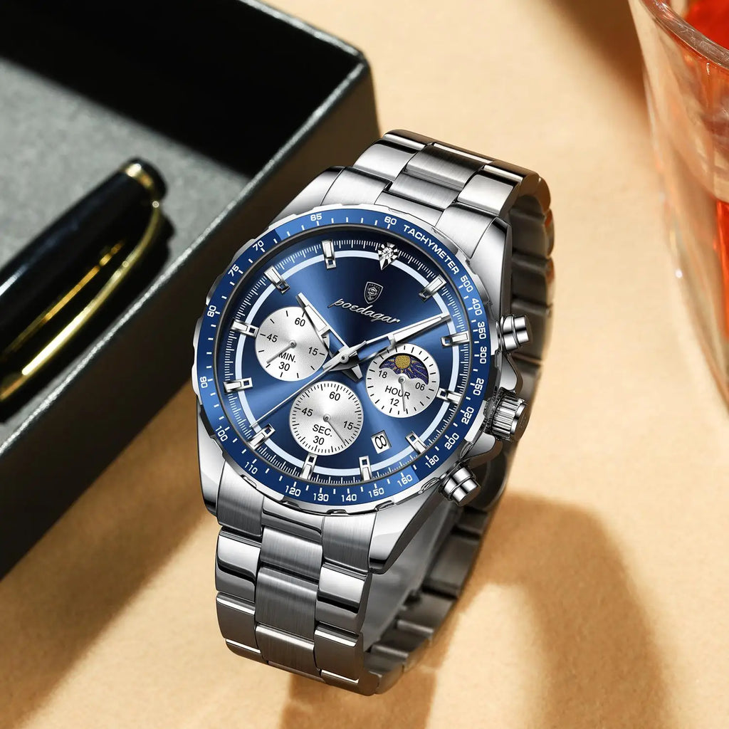 Poedagar 879 Original Men Reloj Waterproof Luminous Chronograph Quartz Men's Watches Luxury Stainless Steel Watch for Men