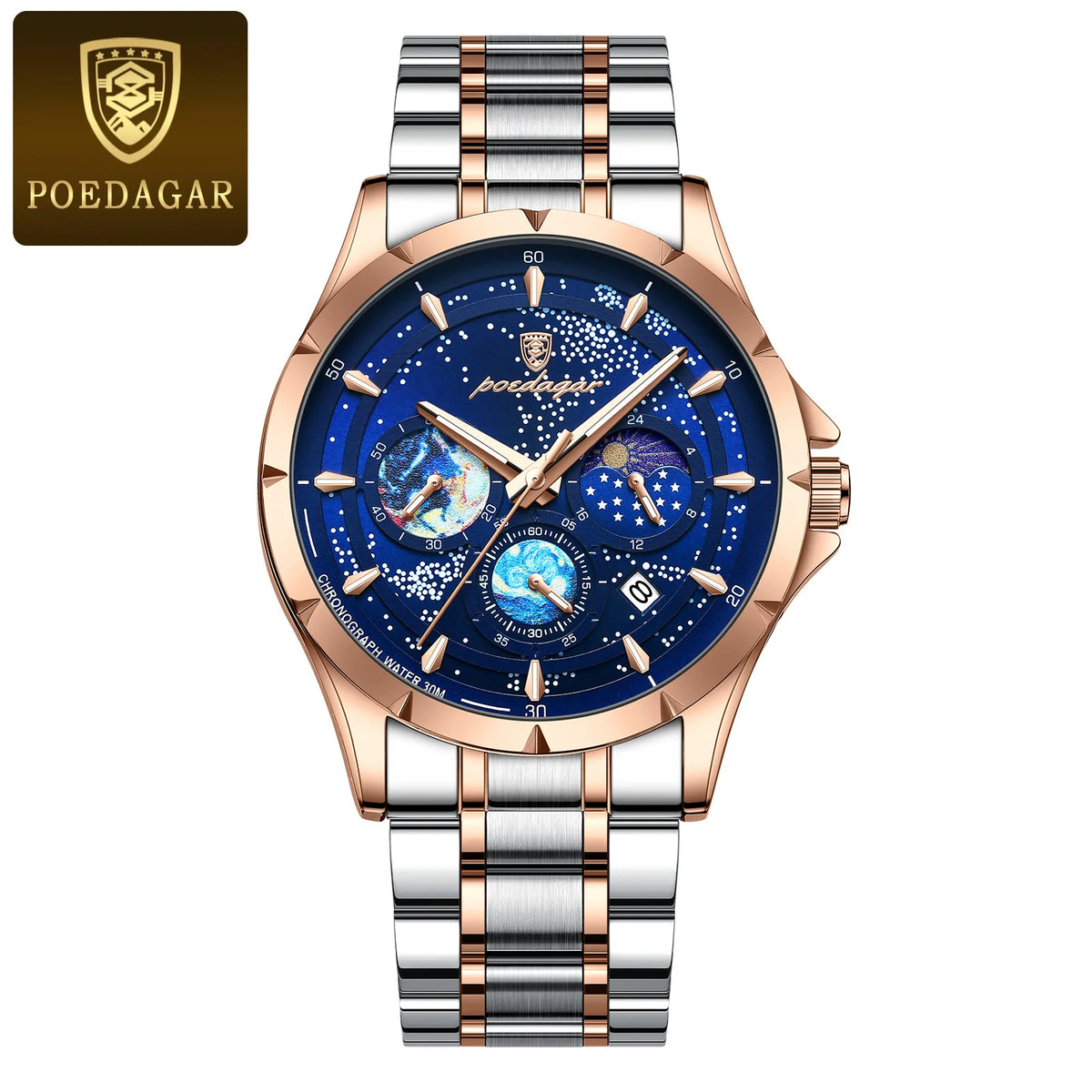 Poedagar Fashion Star Dial Watch for Men Luxury Stainless Steel Watch Wrist Waterproof Luminous Date Quartz Watches