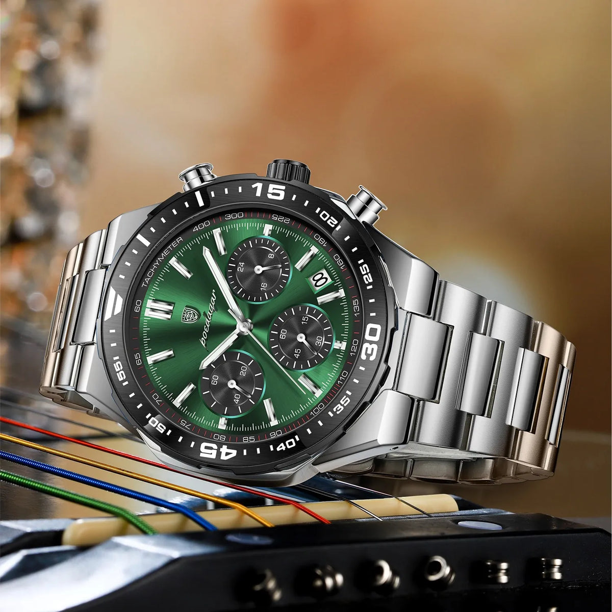 Poedagar 697 Men's Chronograph Watch Luxury Malachite Green Dial Tachymeter Luminous Date Waterproof Original Factory Wholesale