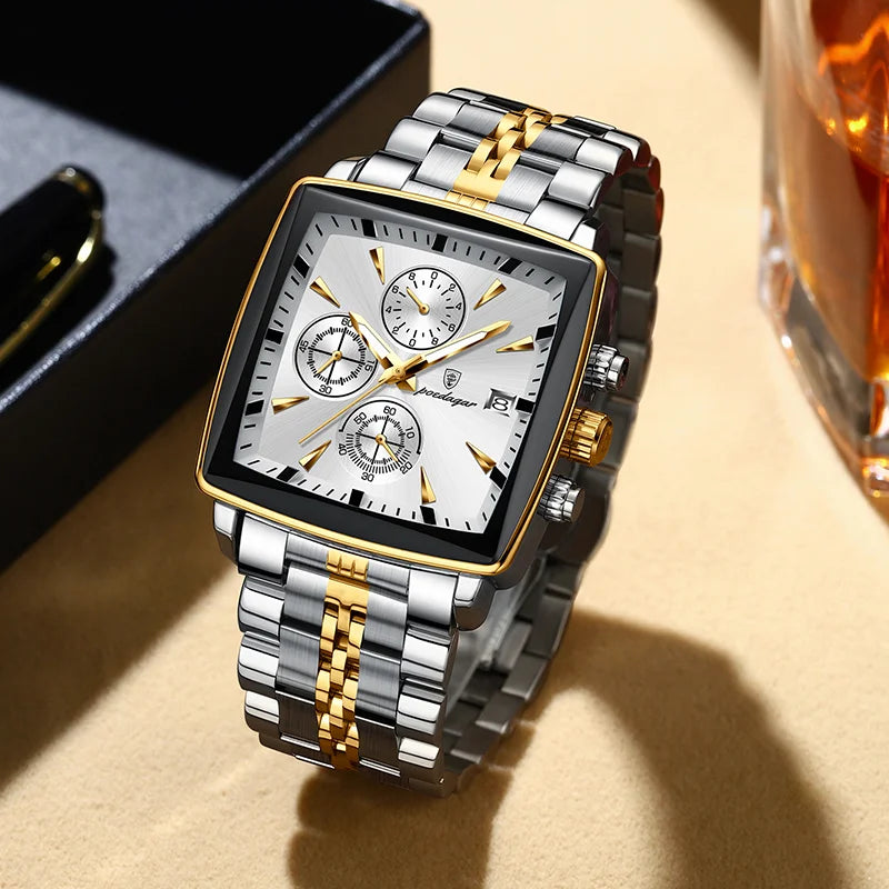 Poedagar New Fashion Square Stainless Steel Men's Watches Waterproof Luminous Chronograph Quartz Watch for Men