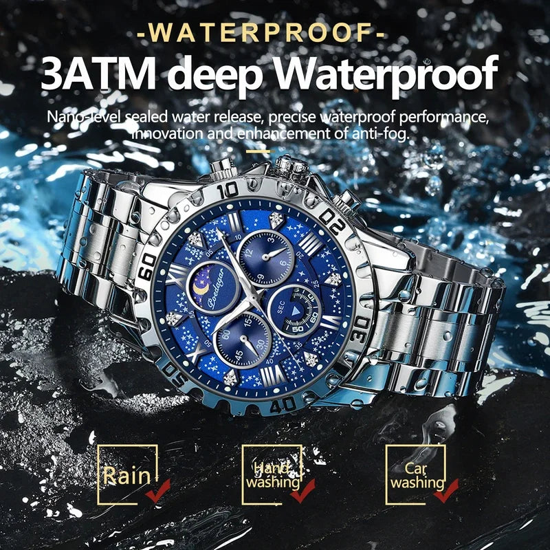 Poedagar New Fashion Mens Watches Stainless Steel Chronograph Quartz Wristwatch Waterproof Luminous Watch for Men
