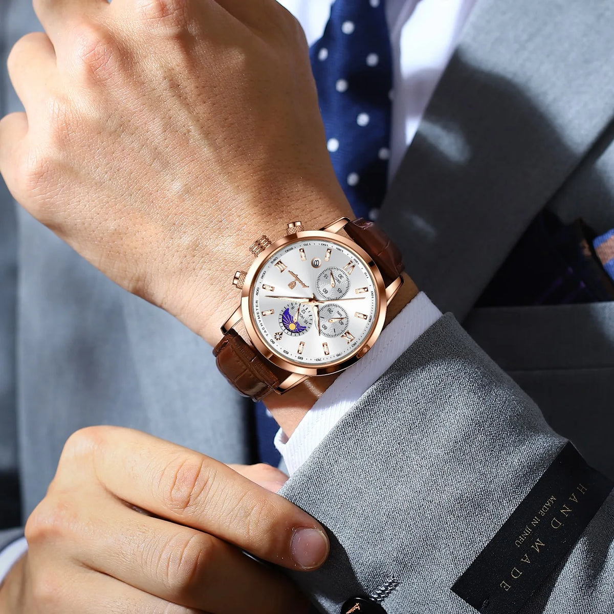 Poedagar 882 Men Chronograph Watch Business Luxury Montre Leather Strap Waterproof Luminous Date Reloj Quartz Wristwatch for Men