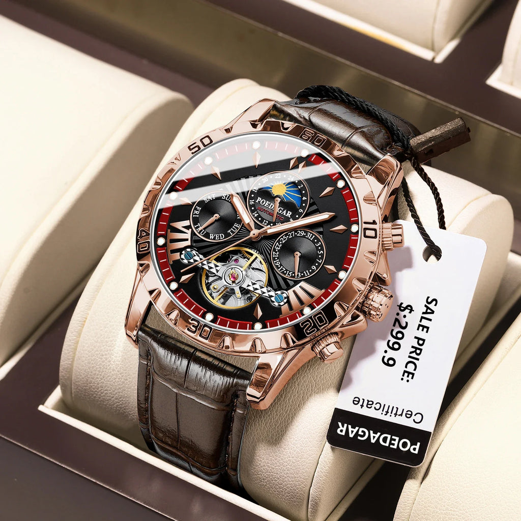 Poedagar Hollow Tourbillon Automatic Men's Watch Luxury LeatherWaterproof Luminous Mechanical Watch