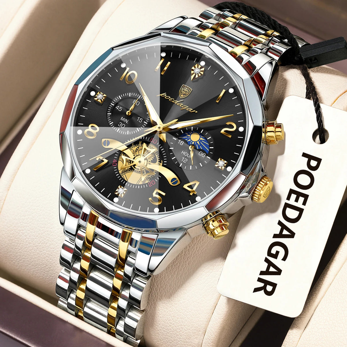 Poedagar 939 Men's Luxury Stainless Steel Chronograph Quartz Watch Waterproof Luminous Watch for Men