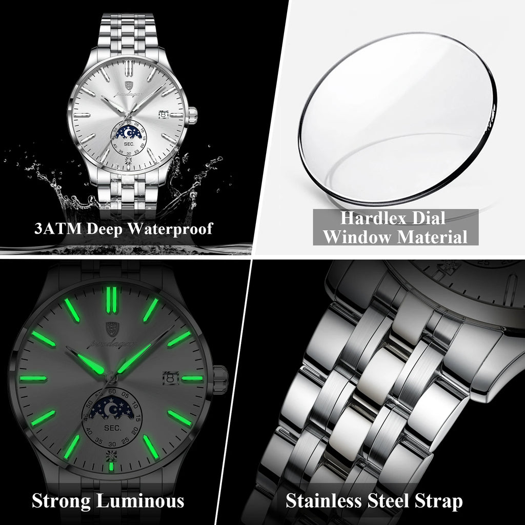 Poedagar 854 Mens Watch Luxury Stainless Steel Moon Phase Wristwatch Montre Homme Calendar Waterproof Business Watch for Men