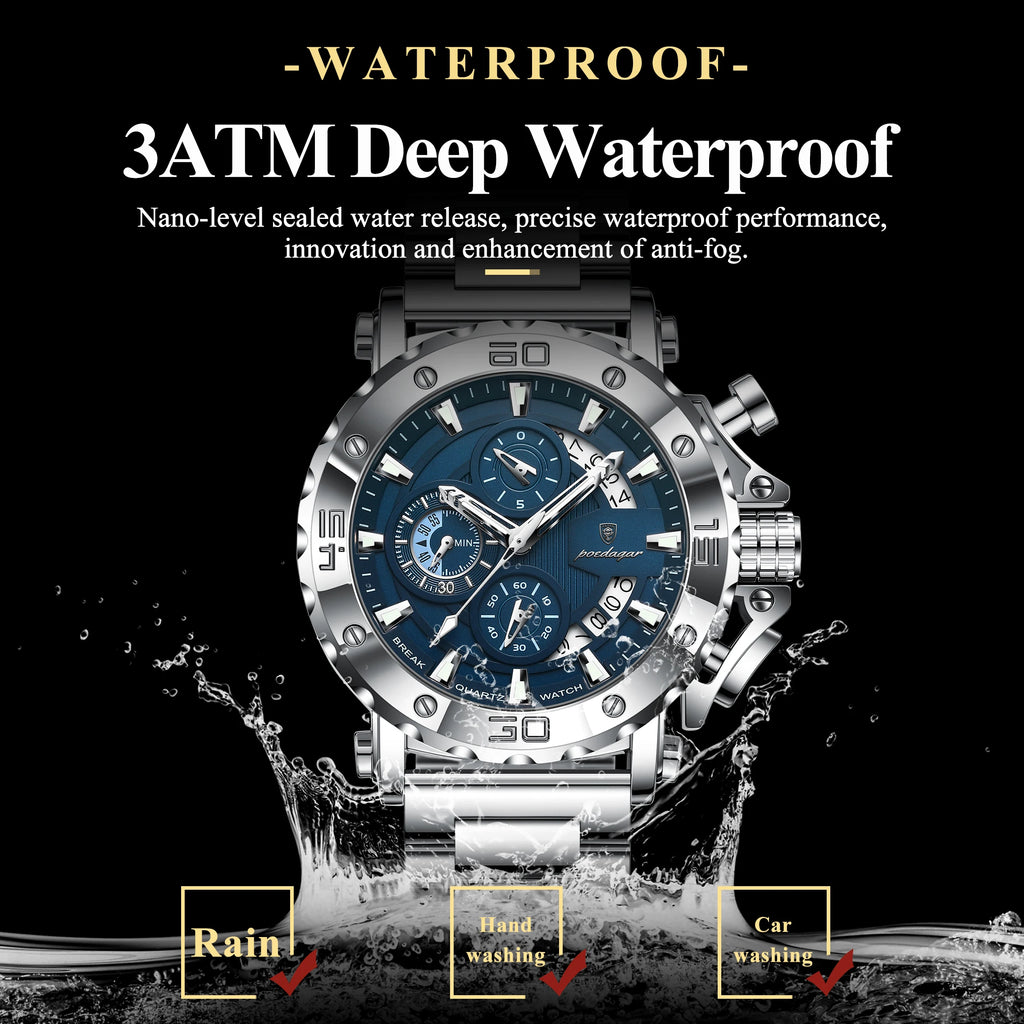 Poedagar 892 Luxury Chronograph Stainless Steel Men's Quartz Watches Reloj Luminous Waterproof Watch for Men
