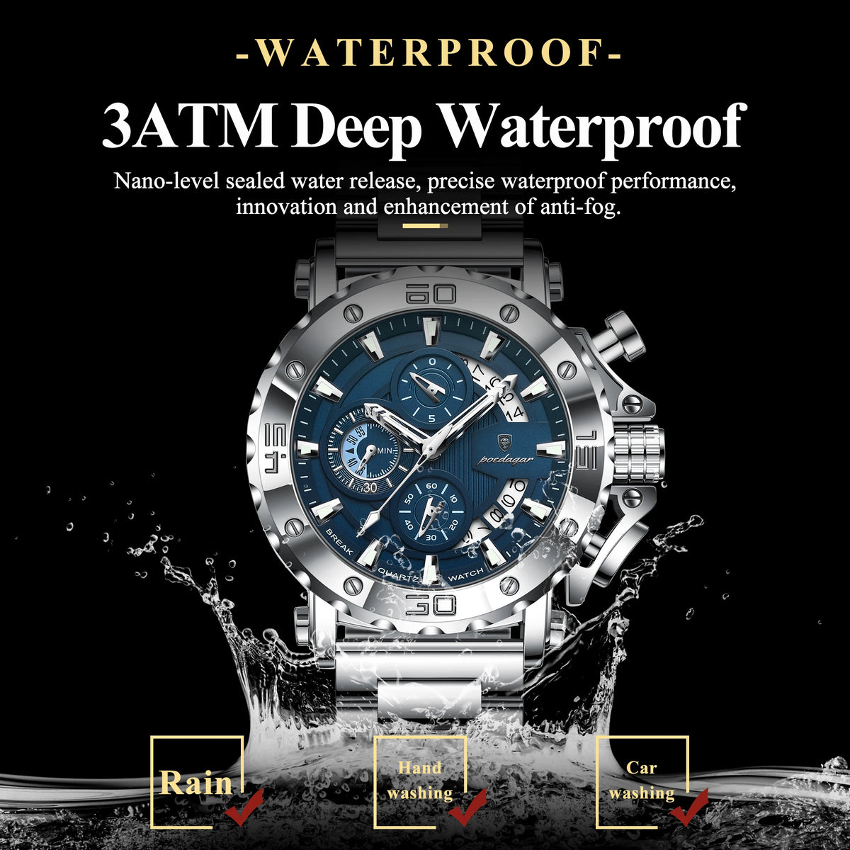 Poedagar 892 Luxury Chronograph Stainless Steel Men's Quartz Watches Reloj Luminous Waterproof Watch for Men