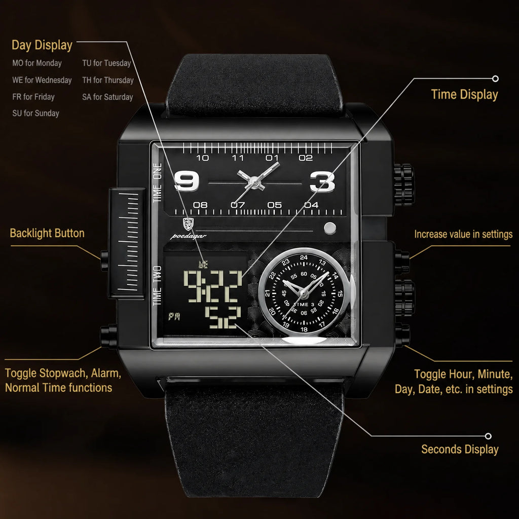 Poedagar 997 Luxury Men's Watch Square Case Leather Waterproof Luminous Quartz Montre Multifunctional Chronograph Watch for Men