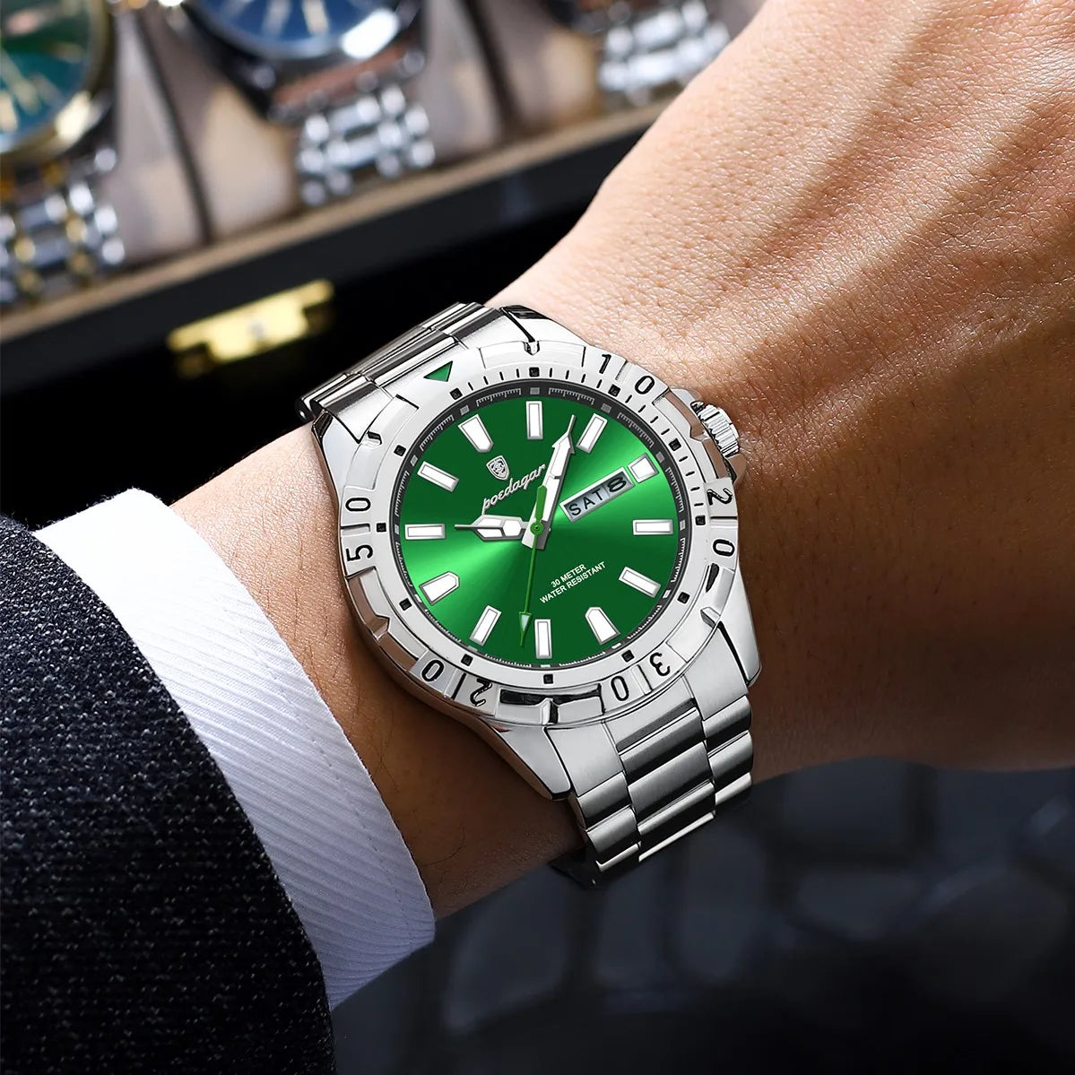 Poedagar 959 Men Watch Business Stainless Steel Luxury Quartz Wristwatch Montre Homme Waterproof Luminous Date Watch for Men