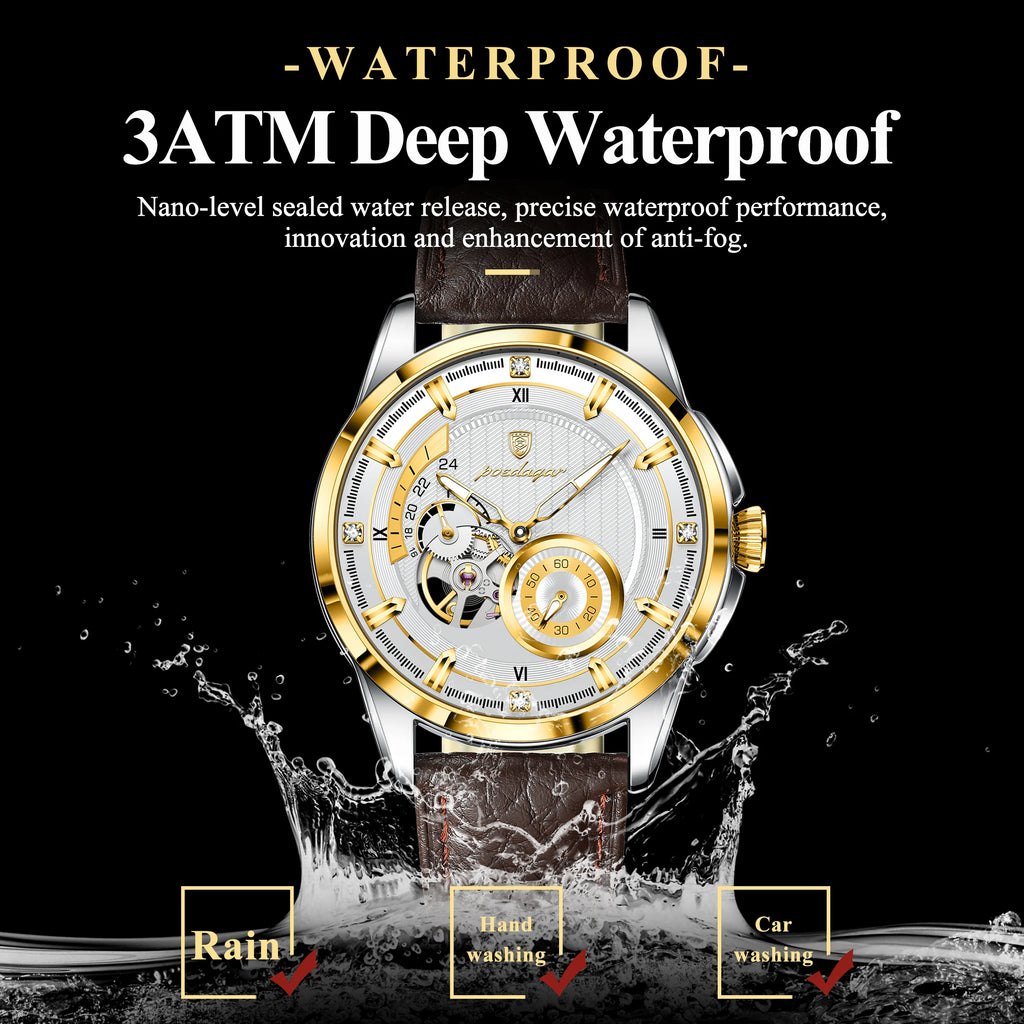 Poedagar 1427 Men's Mechanical Watch Luxury Leather Strap Luminous Reloj Hombre 3ATM Waterproof Automatic Wristwatch for Men