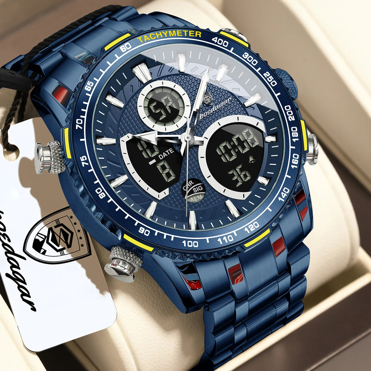 Poedagar E127 Watch for Men Luxury Analog-Digital Watch Dual Display Luminous Waterproof Herrenuhr Stainless Steel Quartz Watch
