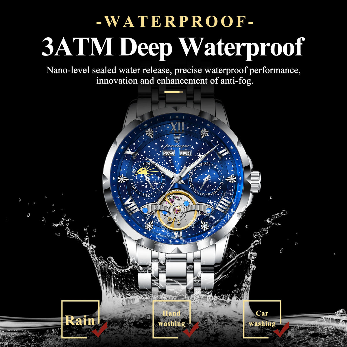 Poedagar 1420 Men's Waterproof Luminous Stainless Steel Strap Alloy Case Automatic Movement Mechanical Watch