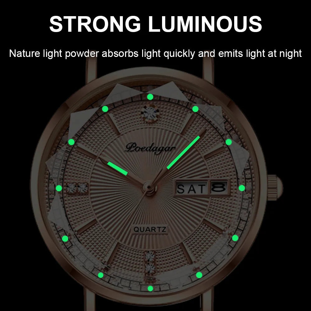 Poedagar Diamond Ladies Watches Stainless Steel Mesh Luxury Watch Bands Waterproof Calendar Quartz Watches for Women