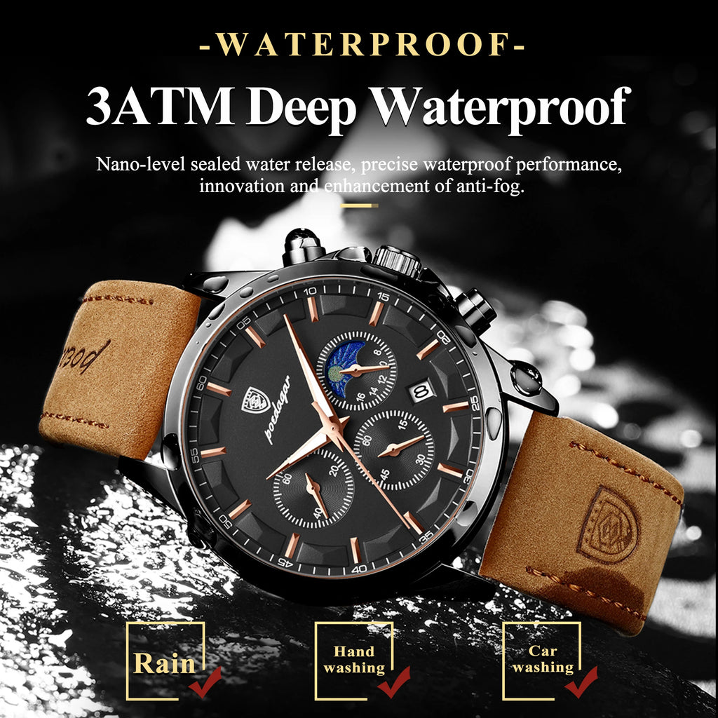 Poedagar 928 Luxury Men Watch Moon Phase Chronograph Relief Dial Leather Strap Luminous Waterproof Business Sport Watch for Men