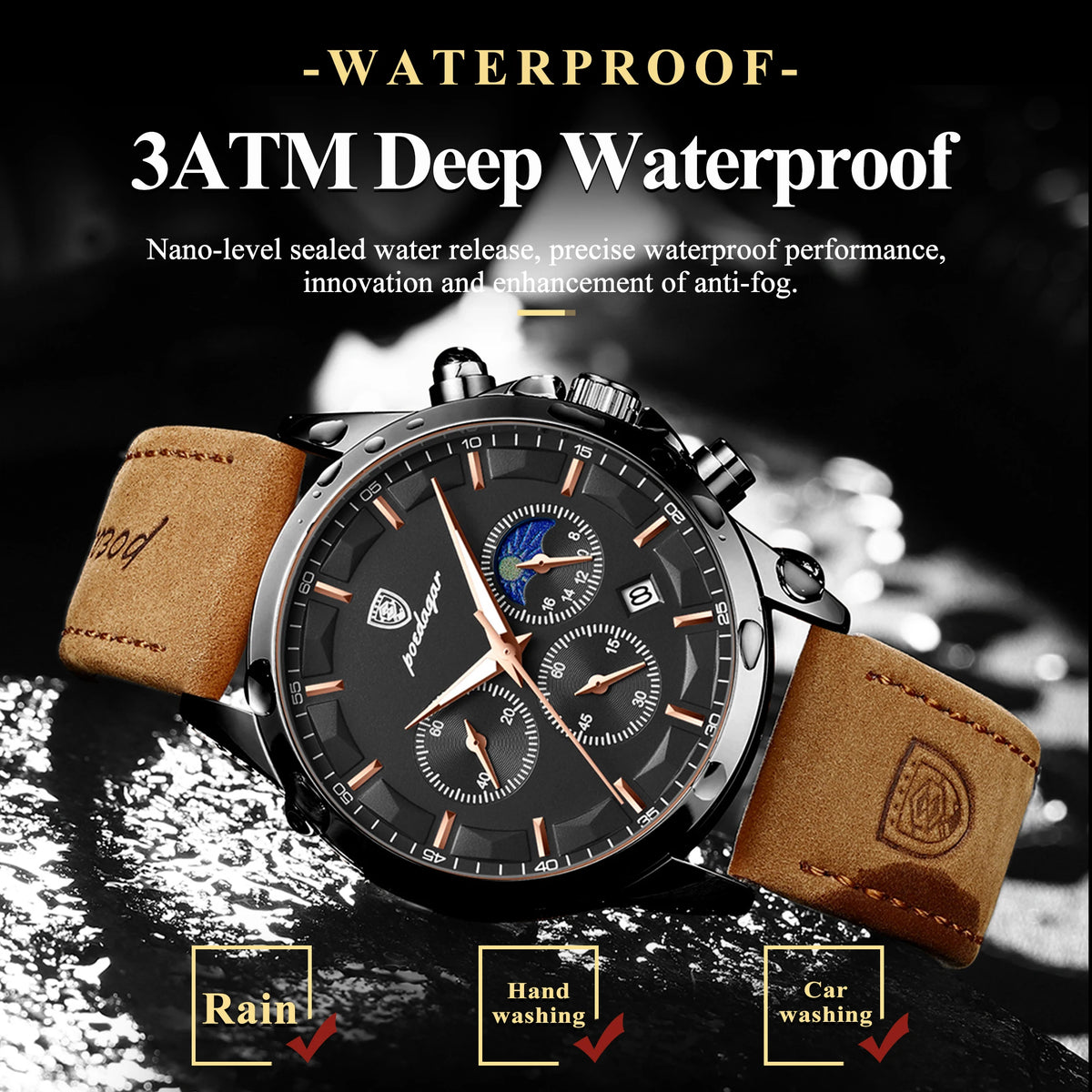 Poedagar 928 Luxury Men Watch Moon Phase Chronograph Relief Dial Leather Strap Luminous Waterproof Business Sport Watch for Men
