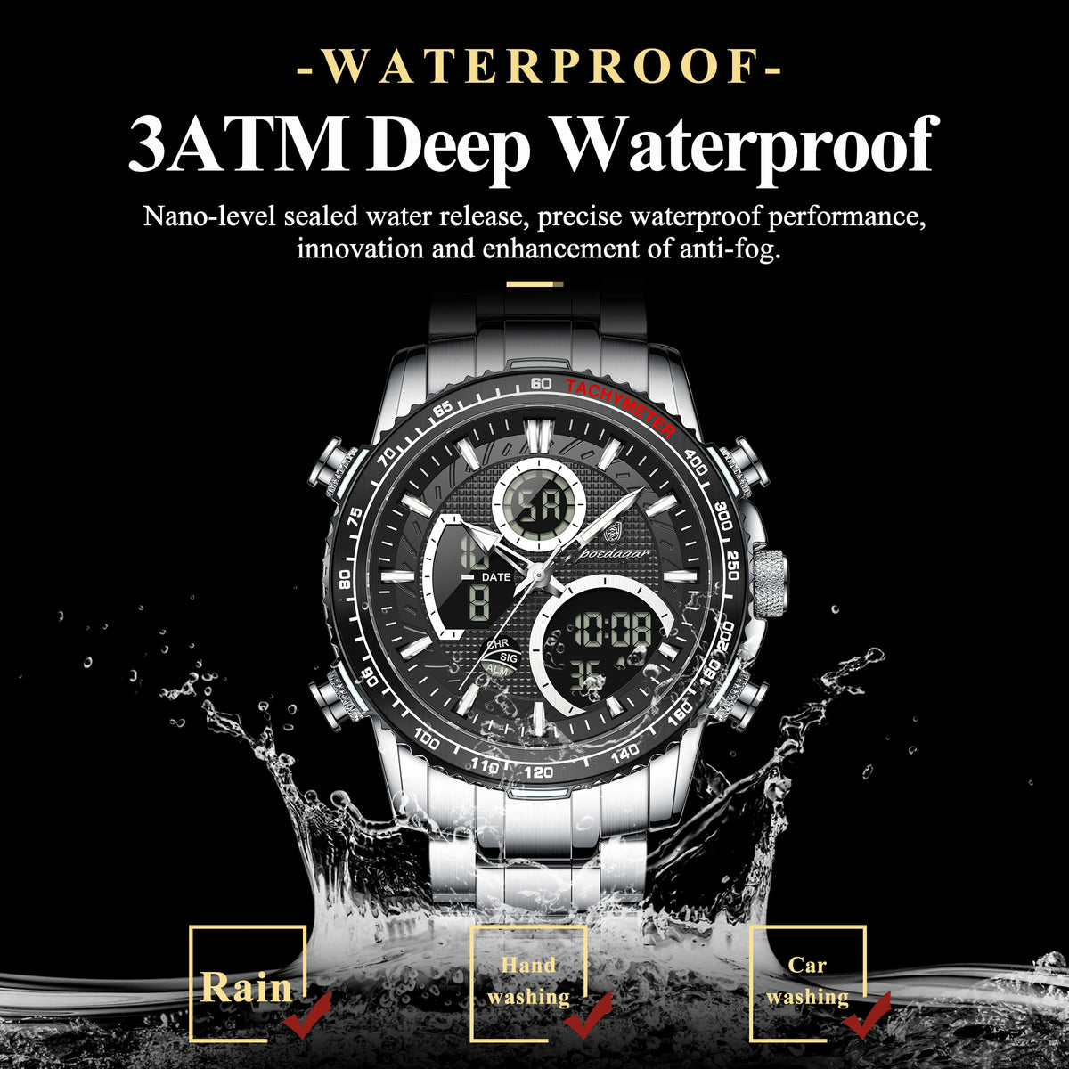 Poedagar E127 Men's Watch Sports Analog-Digital Waterproof Watch Dual Display Luminous Reloj Luxury Stainless Steel Quartz Watch