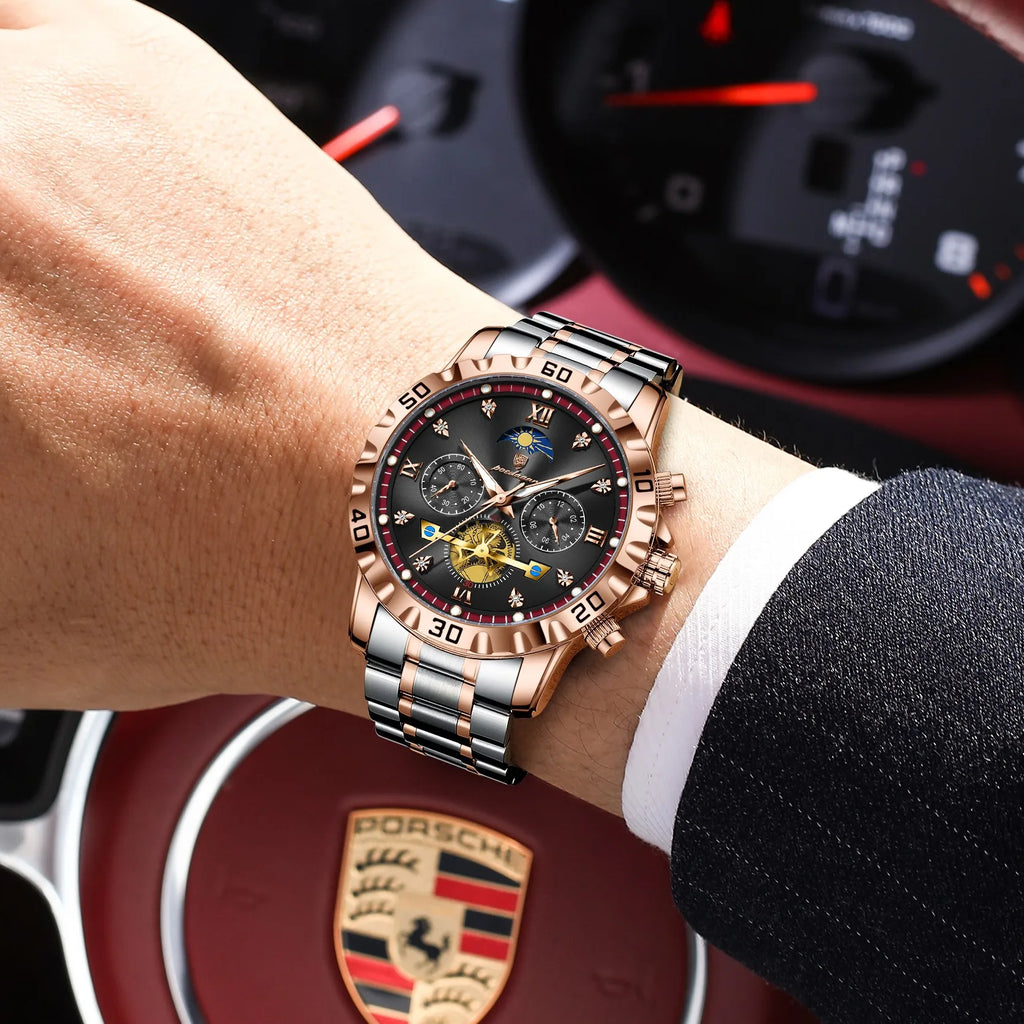 Men's Watch Quartz Poedagar 634 Chronograph Stainless Steel Watch Waterproof Luminous Relogio Wrist Watch for Office Daily Wear