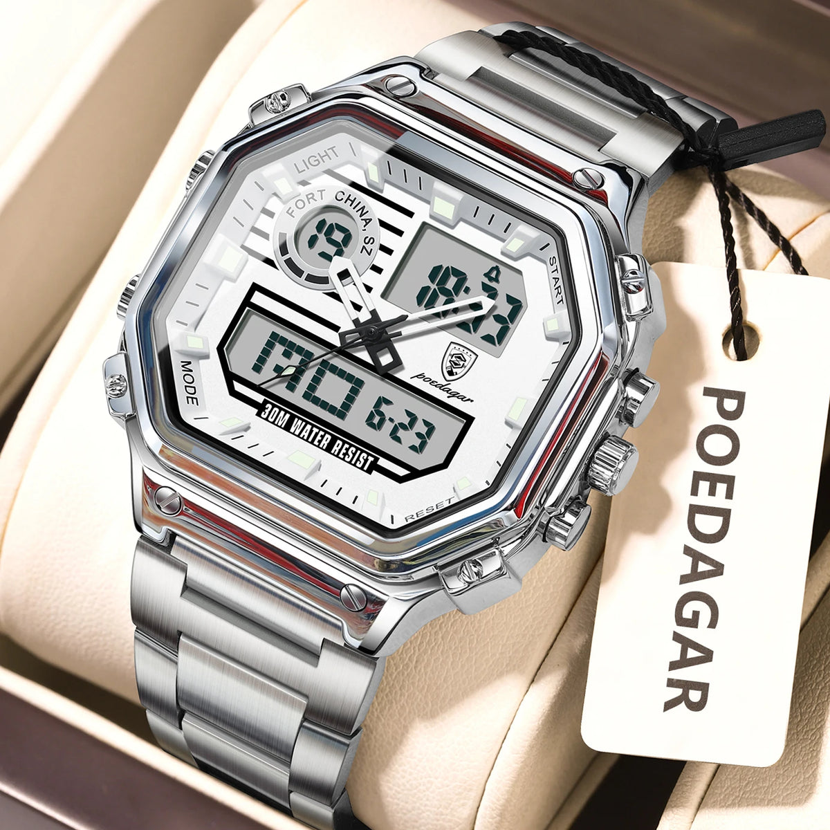 Poedagar 993 Men's Multi-function Watch Dual Display Analog-Digital Quartz Watches LED Night Light Waterproof Watch for Men