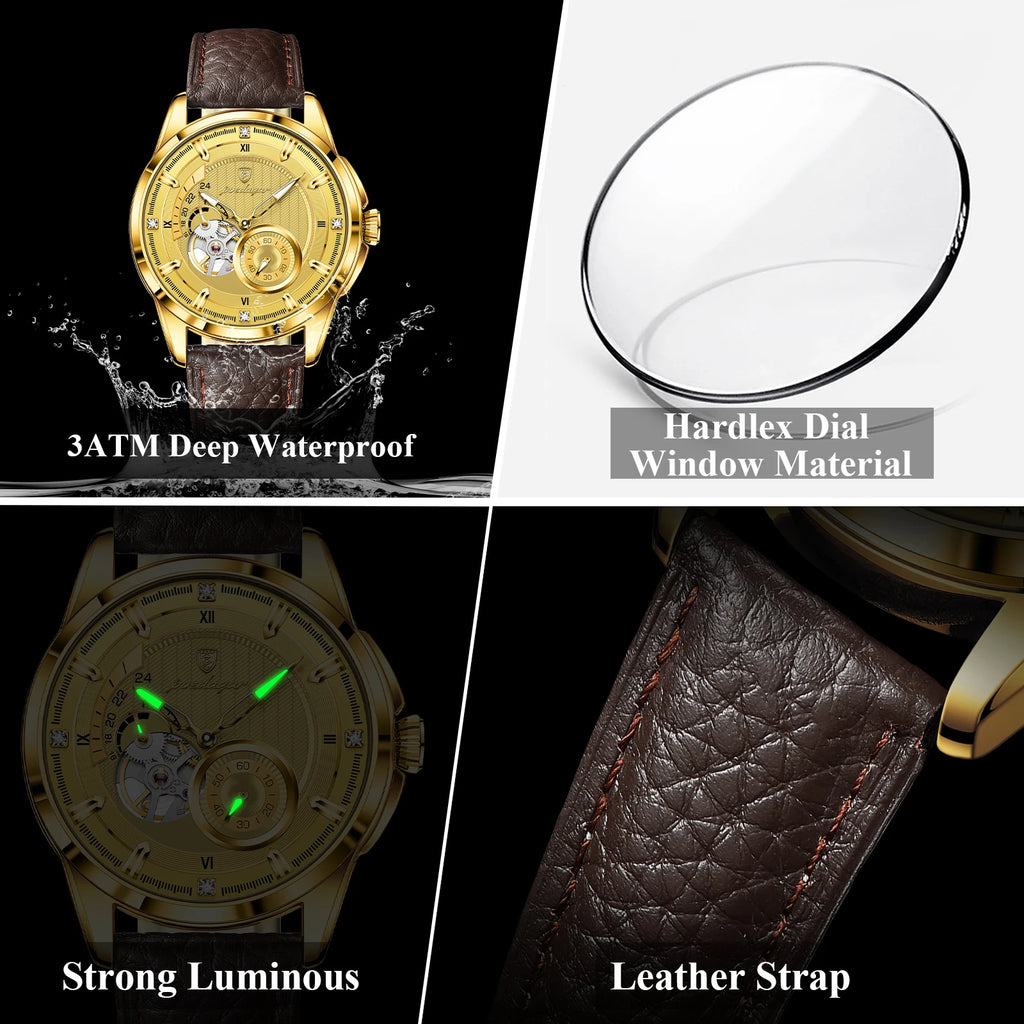 Poedagar 1427 Luxury Men Mechanical Watch All Gold Leather Band Luminous Montre 3ATM Waterproof Automatic Wristwatch for Men