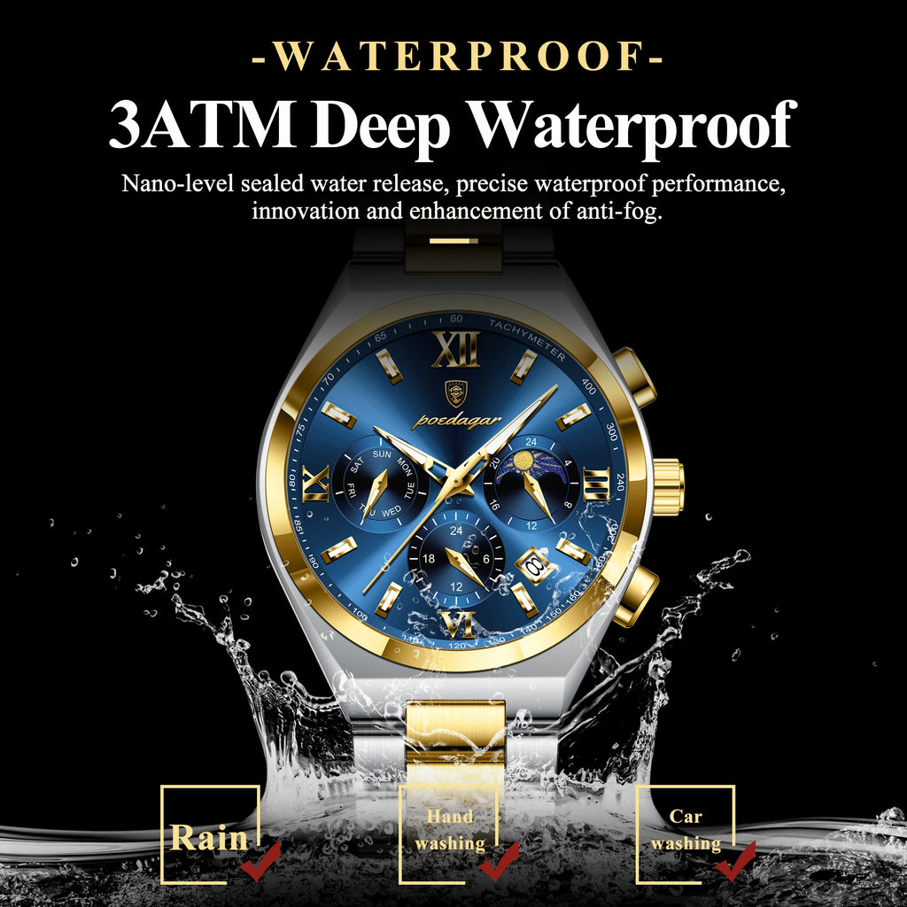 Poedagar New Fashion Men's Quartz Watch 42MM Dial Waterproof Multi-Functional Chronograph Stainless Steel Watch for Men