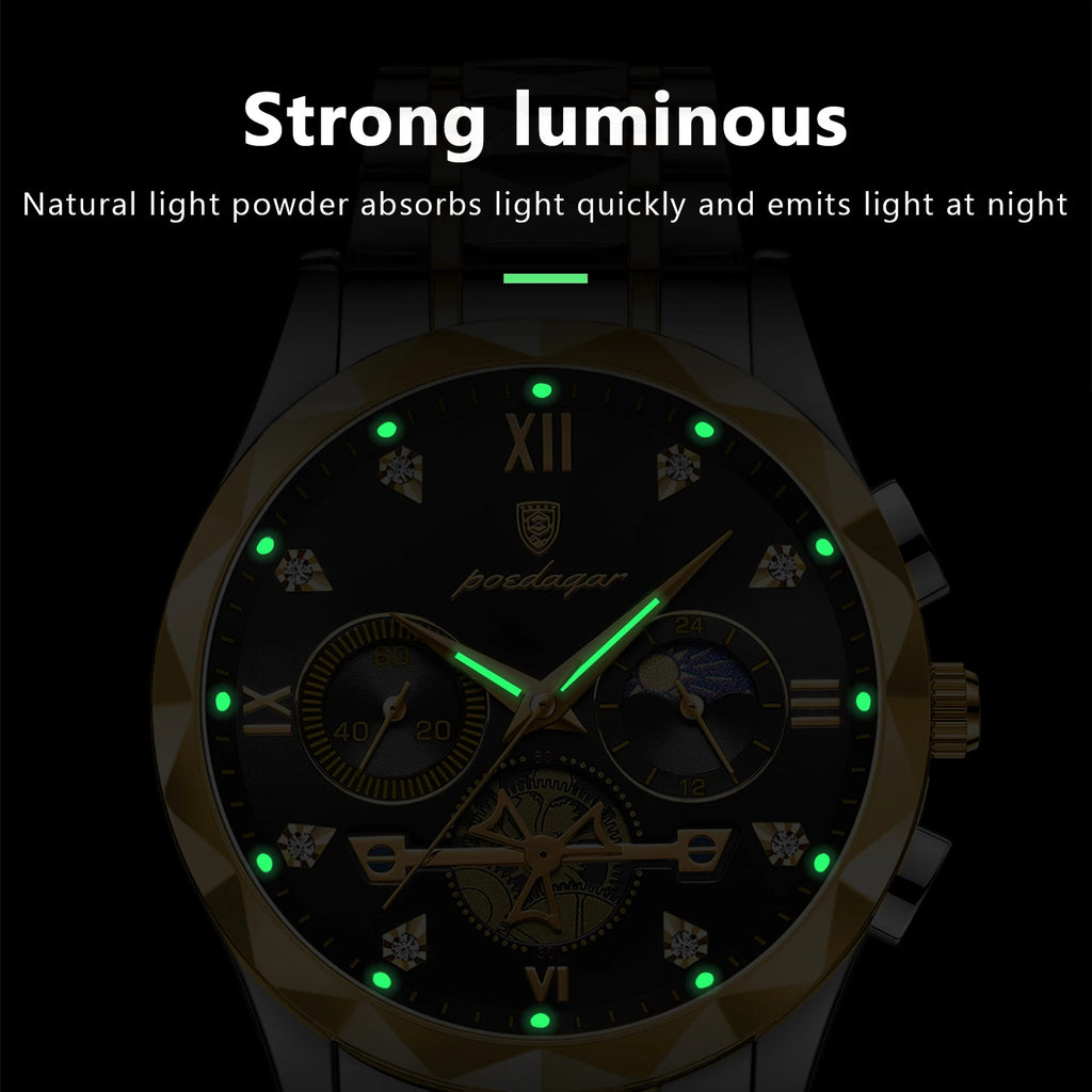 Poedagar Men's Luxury Fashion Quartz Watch Stainless Steel Chronograph Waterproof Luminous Feature 42mm Alloy Business Style