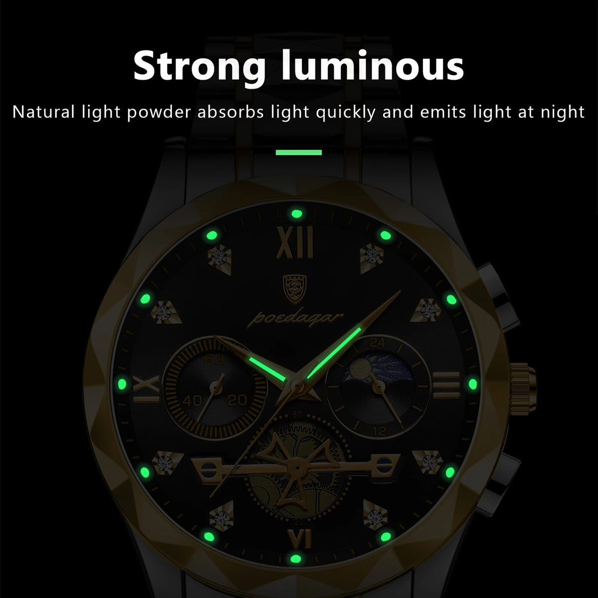 Poedagar Men's Luxury Fashion Quartz Watch Stainless Steel Chronograph Waterproof Luminous Feature 42mm Alloy Business Style