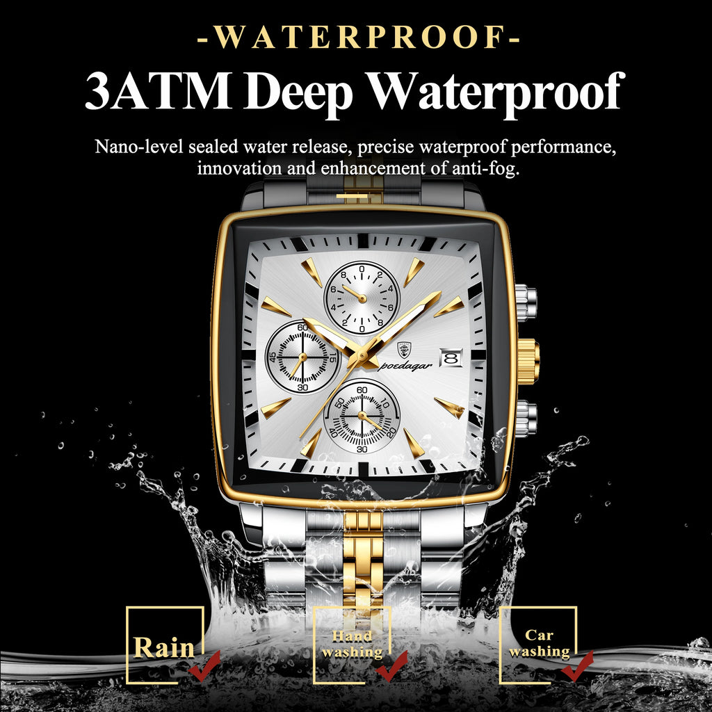 Poedagar New Fashion Square Stainless Steel Men's Watches Waterproof Luminous Chronograph Quartz Watch for Men