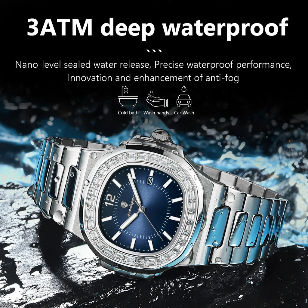 Poedagar Luxury Men Quartz Watch Fashion Square Reloj Waterproof Luminous Date Stainless Steel Watch for Men
