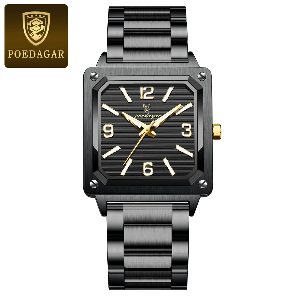 Poedagar 870 Business Luxury Square Quartz Men Watch Waterproof Luminous Stainless Steel Watch for Men