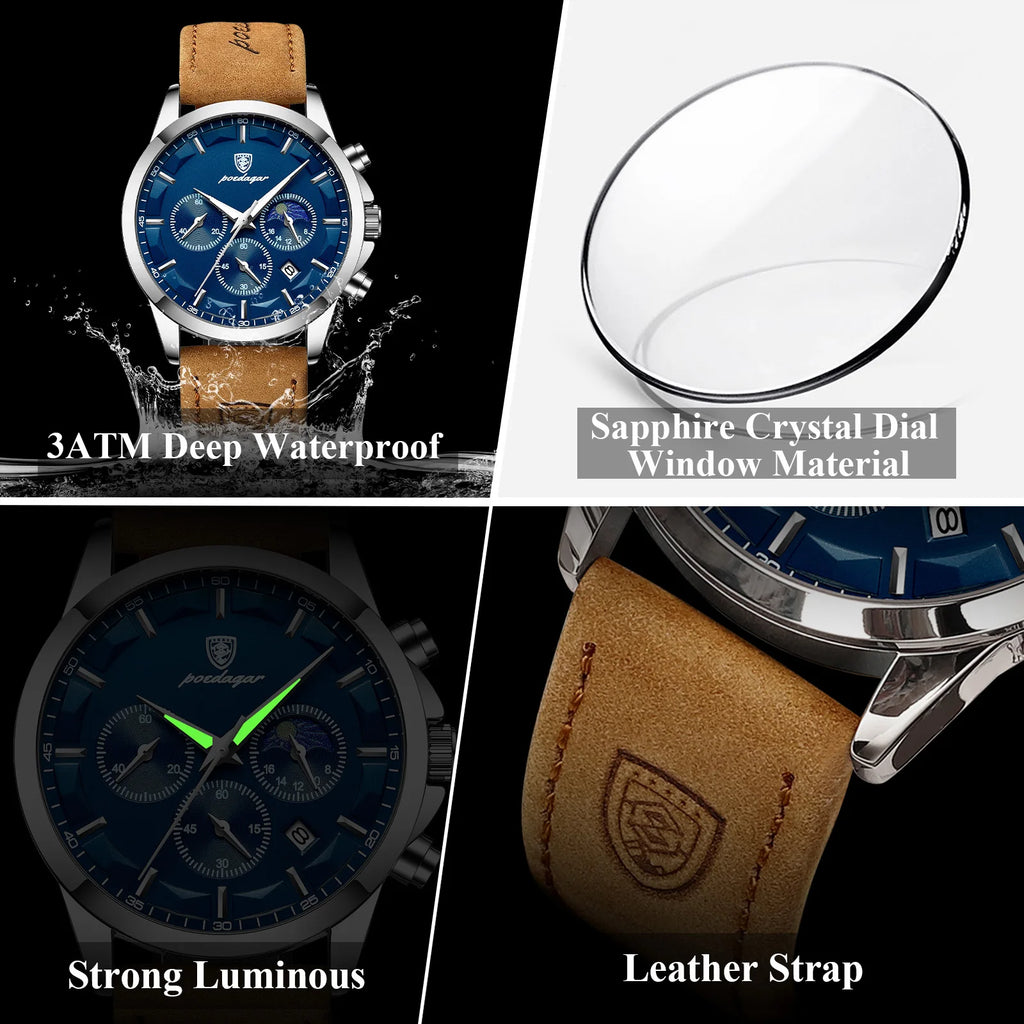 Poedagar 928 Luxury Men Wrist Watch Chronograph Sports Leather Quartz Reloj Hombre Waterproof Luminous Calendar Watches for Men