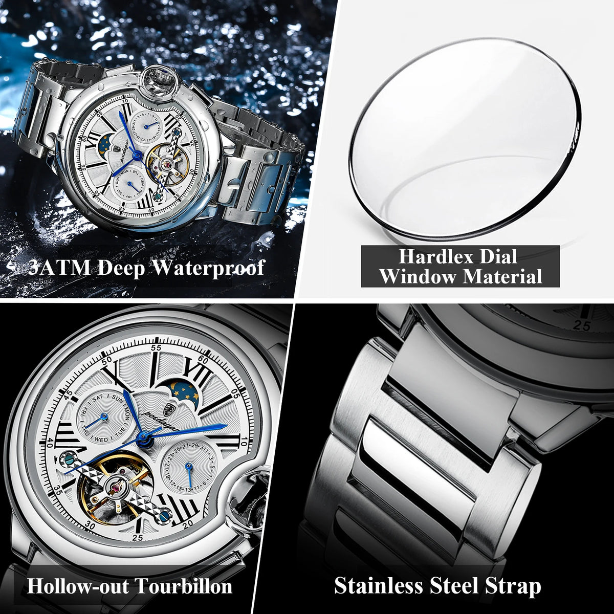 Poedagar Luxury Hollow Tourbillon Automatic Mechanical Watch Waterproof Luminous Stainless Steel Watch for Men