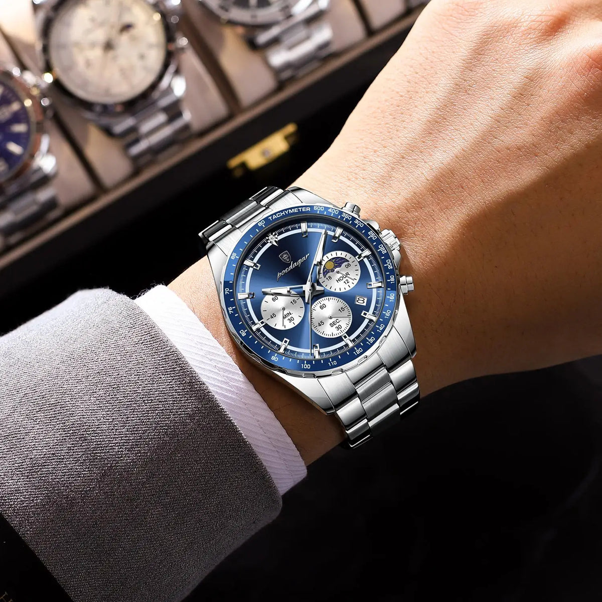 Poedagar 879 Original Men Reloj Waterproof Luminous Chronograph Quartz Men's Watches Luxury Stainless Steel Watch for Men