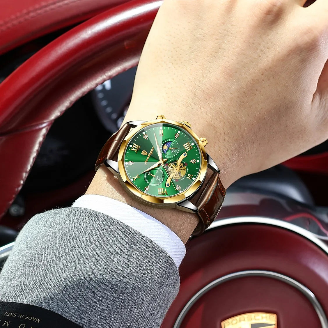 Poedagar 938 Men's Watch Luxury Two-Tone Leather Strap Montre Homme Chronograph Quartz Watches Luminous Waterproof Watch for Men