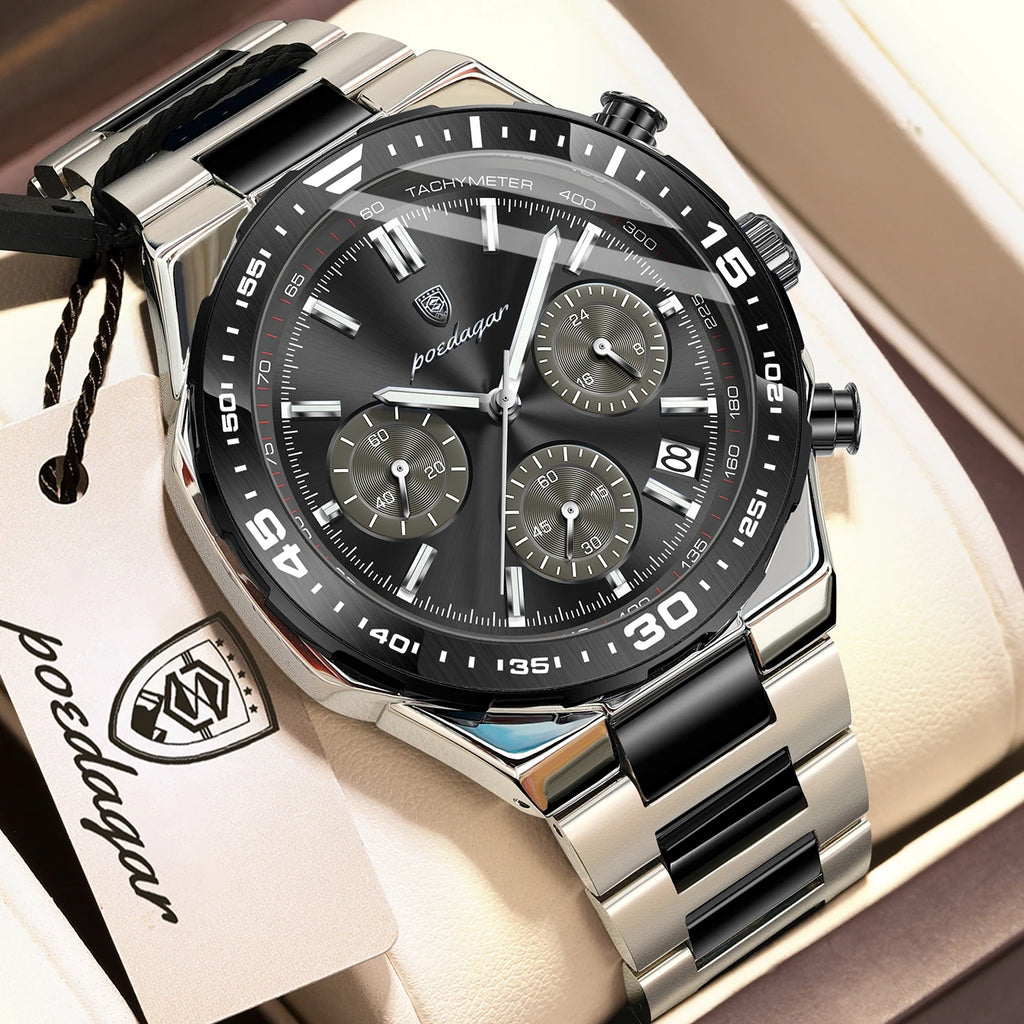 Poedagar 697 Two-Tone Gold Men's Watch Luxury Business Sport Chronograph Tachymeter Luminous Date Waterproof Montre Homme