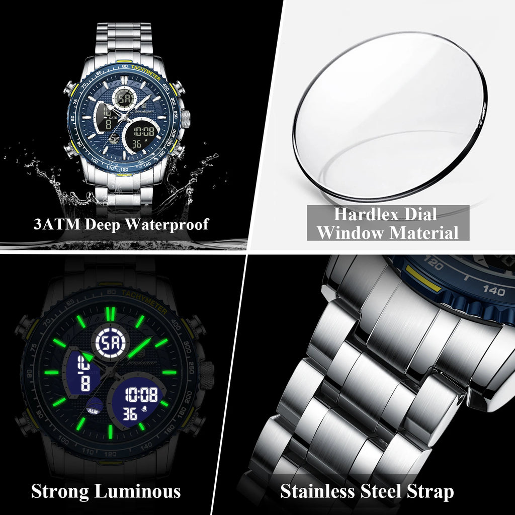 Poedagar E127 Mens Watch Dual Display Analog-Digital Watches Herrenuhr Luminous Waterproof Sport Stainless Steel Watch for Men