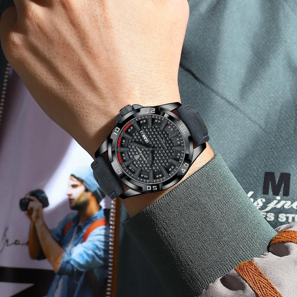 Poedagar 895 Sport Men Watch Geometric Dial Date Luminous Leather Strap Quartz Business Casual Waterproof Luxury Wristwatch