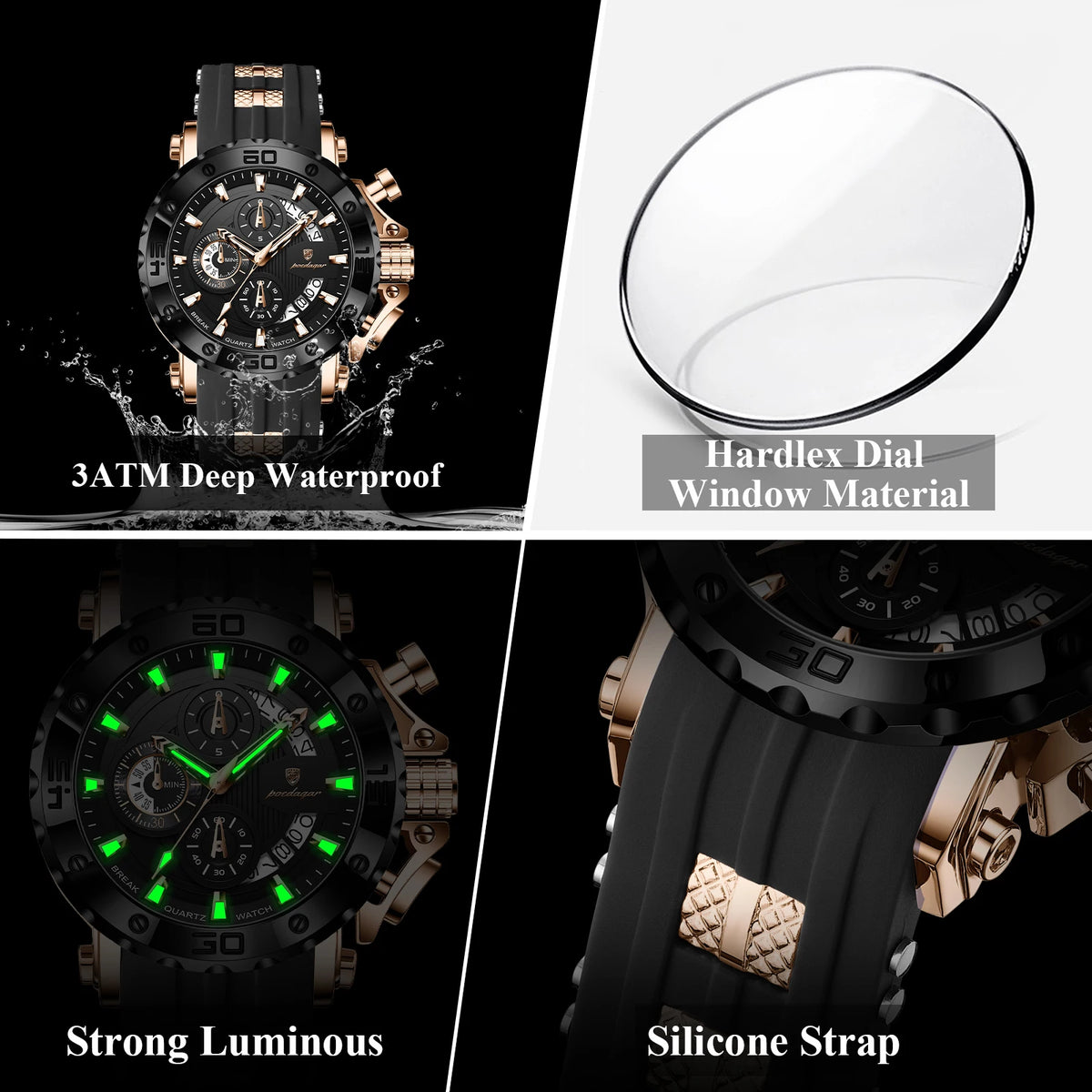 Luxury Men's Watch Poedagar 892 Luminous Silicone Strap Quartz Watches Montre Homme Casual Sports Waterproof Watch for Men